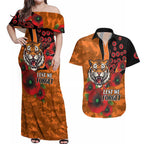 Wests Tigers ANZAC Personalised Couples Matching Off Shoulder Maxi Dress and Hawaiian Shirt Lest We Forget Poppy Camo