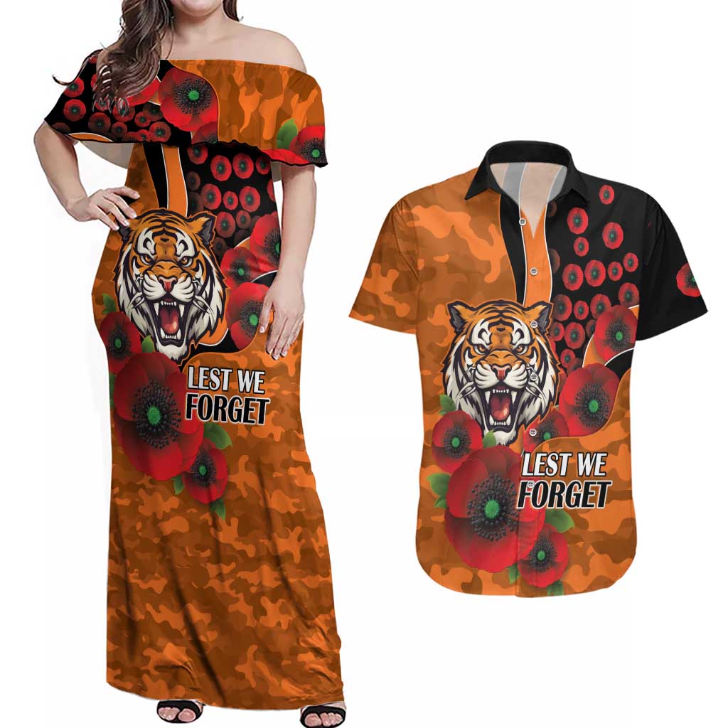 Wests Tigers ANZAC Personalised Couples Matching Off Shoulder Maxi Dress and Hawaiian Shirt Lest We Forget Poppy Camo