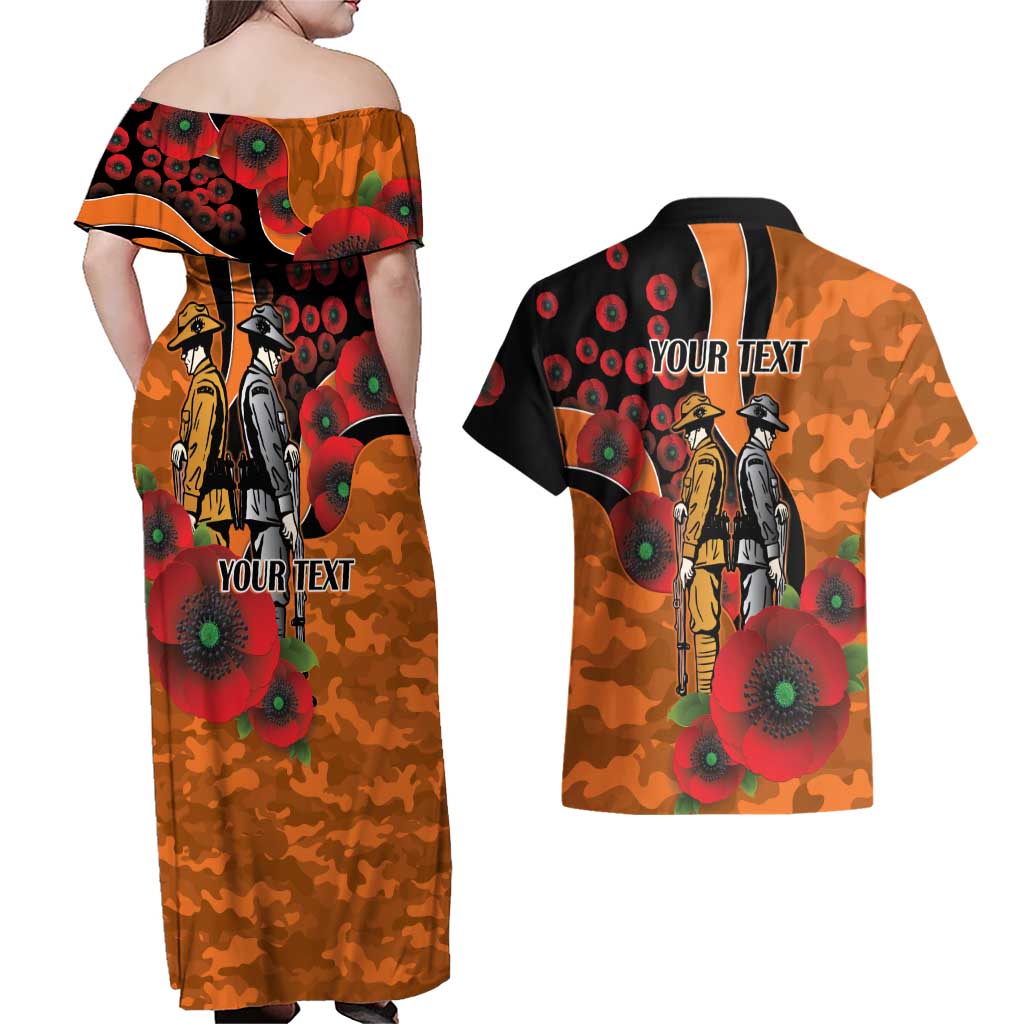 Wests Tigers ANZAC Personalised Couples Matching Off Shoulder Maxi Dress and Hawaiian Shirt Lest We Forget Poppy Camo