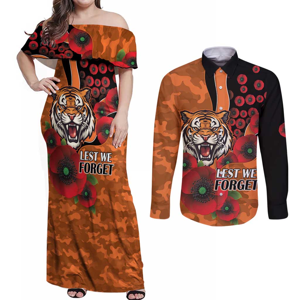 Wests Tigers ANZAC Personalised Couples Matching Off Shoulder Maxi Dress and Long Sleeve Button Shirt Lest We Forget Poppy Camo