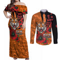 Wests Tigers ANZAC Personalised Couples Matching Off Shoulder Maxi Dress and Long Sleeve Button Shirt Lest We Forget Poppy Camo