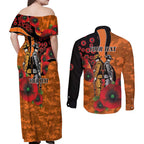 Wests Tigers ANZAC Personalised Couples Matching Off Shoulder Maxi Dress and Long Sleeve Button Shirt Lest We Forget Poppy Camo