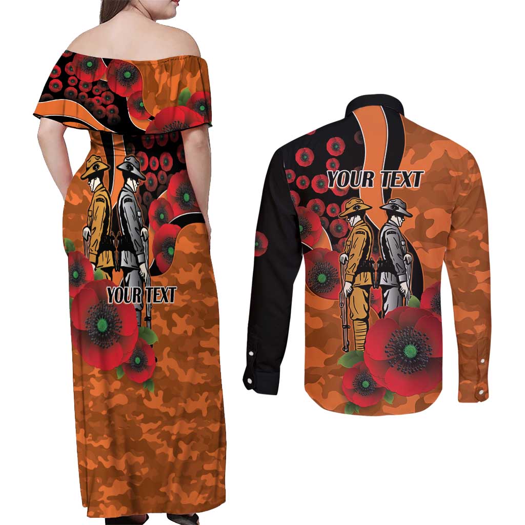 Wests Tigers ANZAC Personalised Couples Matching Off Shoulder Maxi Dress and Long Sleeve Button Shirt Lest We Forget Poppy Camo