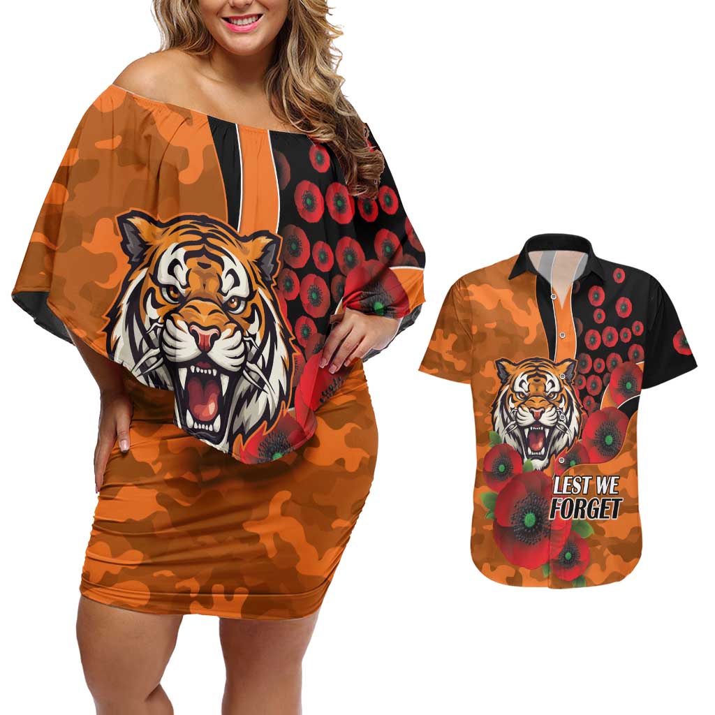 Wests Tigers ANZAC Personalised Couples Matching Off Shoulder Short Dress and Hawaiian Shirt Lest We Forget Poppy Camo