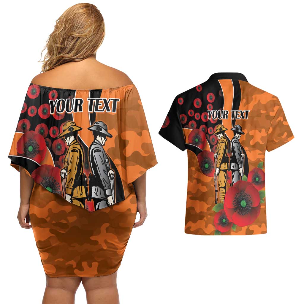Wests Tigers ANZAC Personalised Couples Matching Off Shoulder Short Dress and Hawaiian Shirt Lest We Forget Poppy Camo