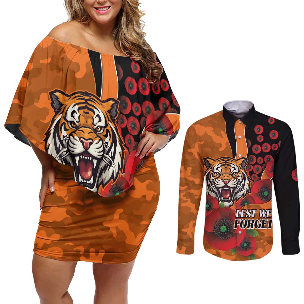 Wests Tigers ANZAC Personalised Couples Matching Off Shoulder Short Dress and Long Sleeve Button Shirt Lest We Forget Poppy Camo