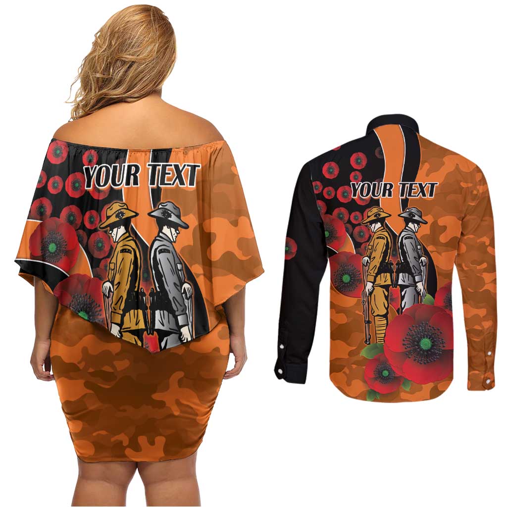 Wests Tigers ANZAC Personalised Couples Matching Off Shoulder Short Dress and Long Sleeve Button Shirt Lest We Forget Poppy Camo