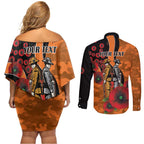 Wests Tigers ANZAC Personalised Couples Matching Off Shoulder Short Dress and Long Sleeve Button Shirt Lest We Forget Poppy Camo