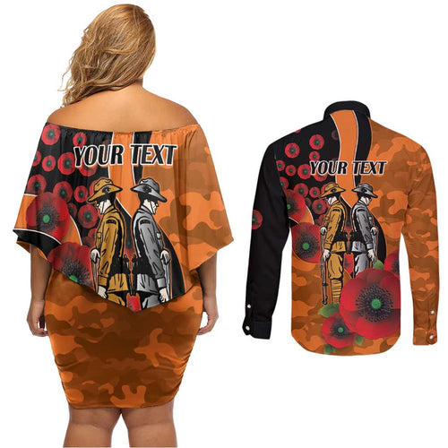 Wests Tigers ANZAC Personalised Couples Matching Off Shoulder Short Dress and Long Sleeve Button Shirt Lest We Forget Poppy Camo