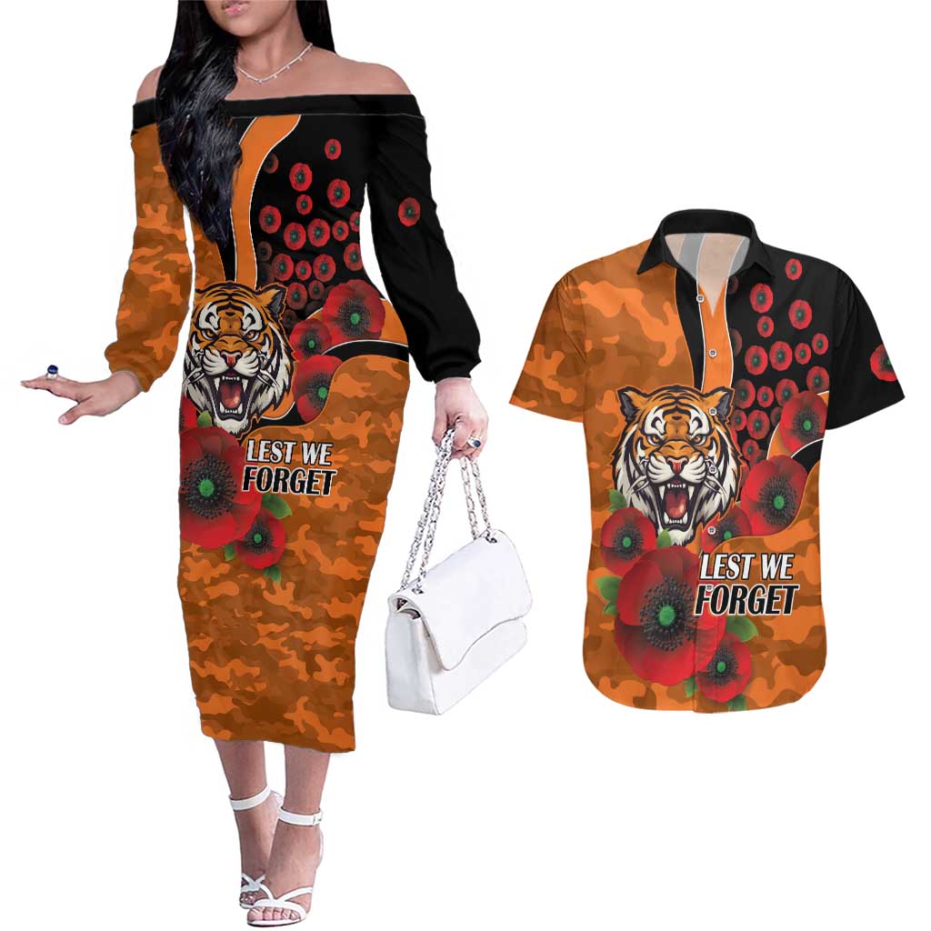 Wests Tigers ANZAC Personalised Couples Matching Off The Shoulder Long Sleeve Dress and Hawaiian Shirt Lest We Forget Poppy Camo