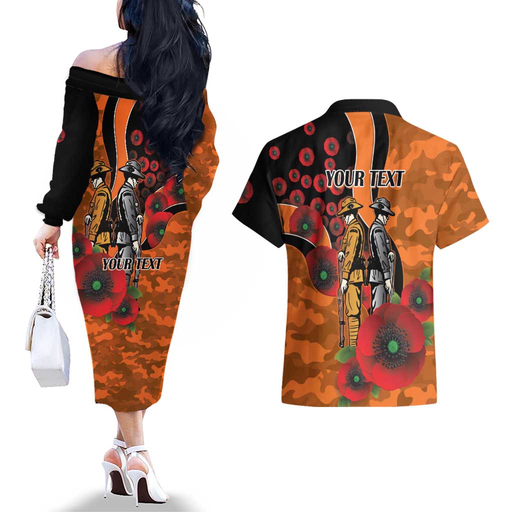 Wests Tigers ANZAC Personalised Couples Matching Off The Shoulder Long Sleeve Dress and Hawaiian Shirt Lest We Forget Poppy Camo
