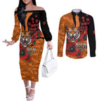 Wests Tigers ANZAC Personalised Couples Matching Off The Shoulder Long Sleeve Dress and Long Sleeve Button Shirt Lest We Forget Poppy Camo