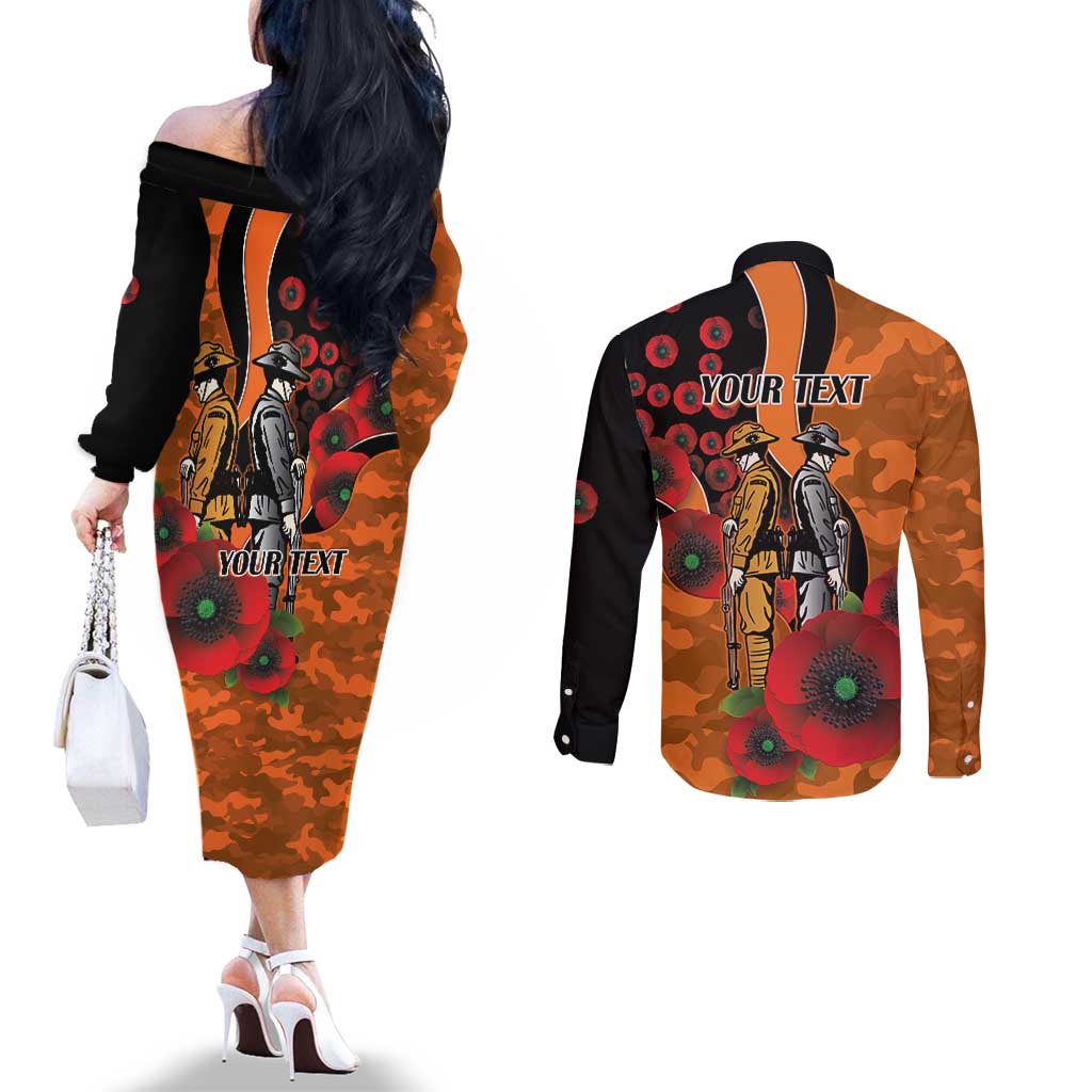 Wests Tigers ANZAC Personalised Couples Matching Off The Shoulder Long Sleeve Dress and Long Sleeve Button Shirt Lest We Forget Poppy Camo