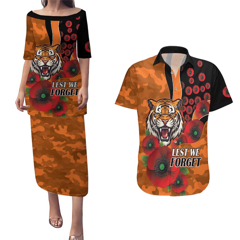 Wests Tigers ANZAC Personalised Couples Matching Puletasi and Hawaiian Shirt Lest We Forget Poppy Camo