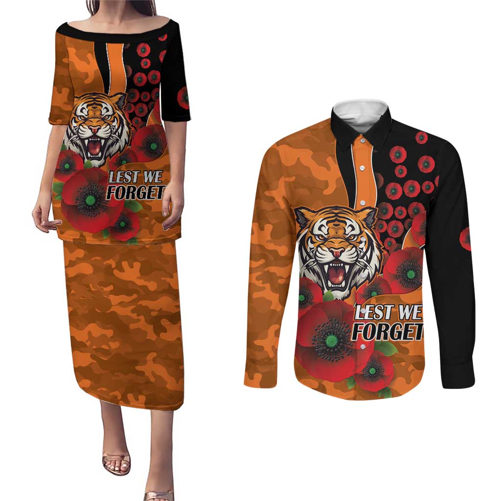 Wests Tigers ANZAC Personalised Couples Matching Puletasi and Long Sleeve Button Shirt Lest We Forget Poppy Camo