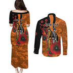 Wests Tigers ANZAC Personalised Couples Matching Puletasi and Long Sleeve Button Shirt Lest We Forget Poppy Camo