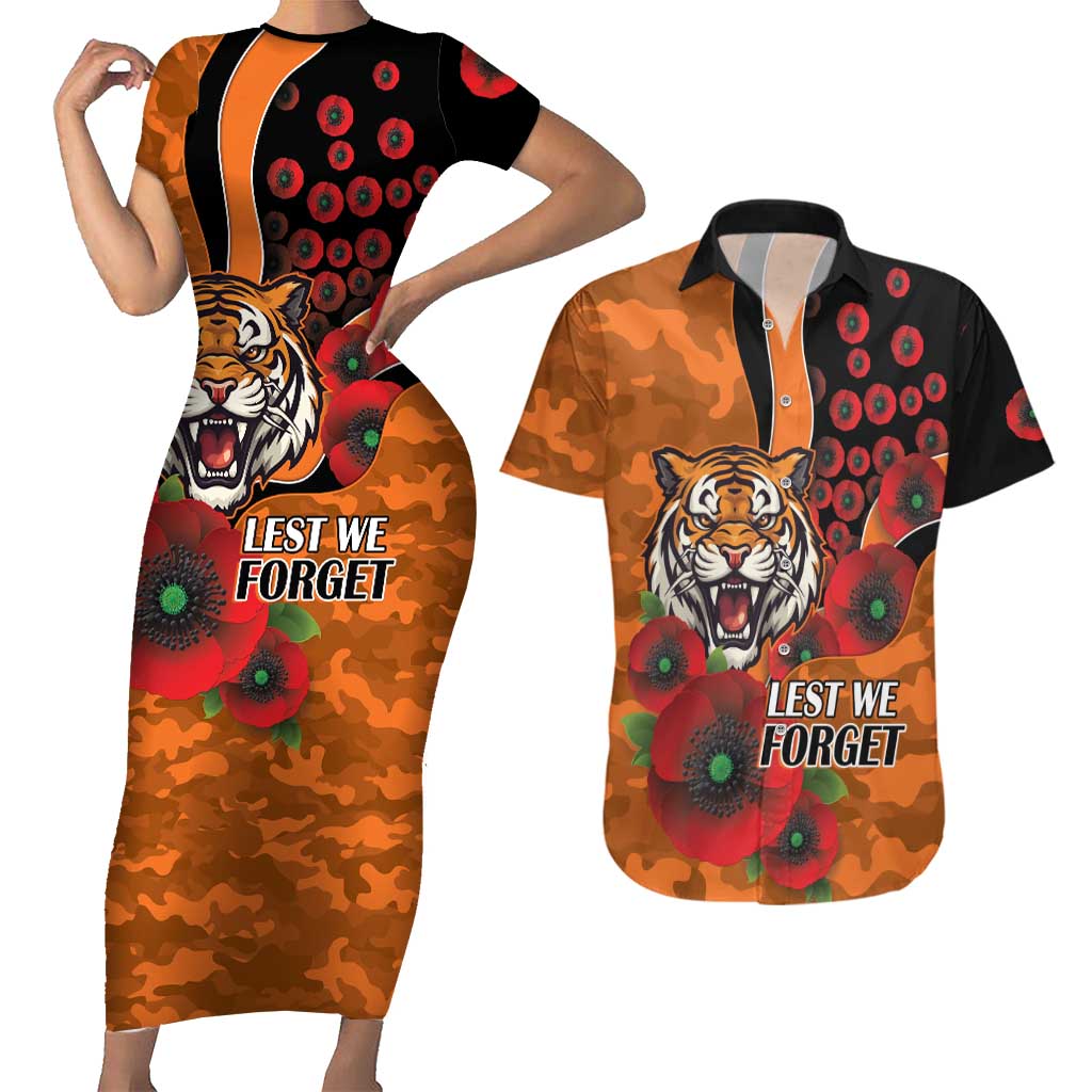 Wests Tigers ANZAC Personalised Couples Matching Short Sleeve Bodycon Dress and Hawaiian Shirt Lest We Forget Poppy Camo