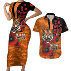 Wests Tigers ANZAC Personalised Couples Matching Short Sleeve Bodycon Dress and Hawaiian Shirt Lest We Forget Poppy Camo