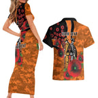 Wests Tigers ANZAC Personalised Couples Matching Short Sleeve Bodycon Dress and Hawaiian Shirt Lest We Forget Poppy Camo