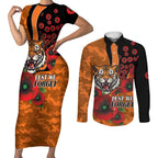 Wests Tigers ANZAC Personalised Couples Matching Short Sleeve Bodycon Dress and Long Sleeve Button Shirt Lest We Forget Poppy Camo