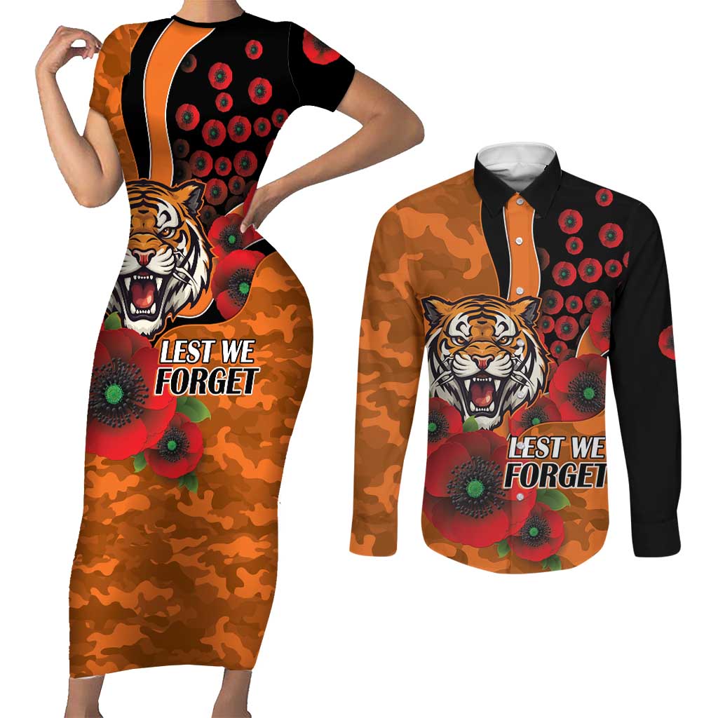Wests Tigers ANZAC Personalised Couples Matching Short Sleeve Bodycon Dress and Long Sleeve Button Shirt Lest We Forget Poppy Camo