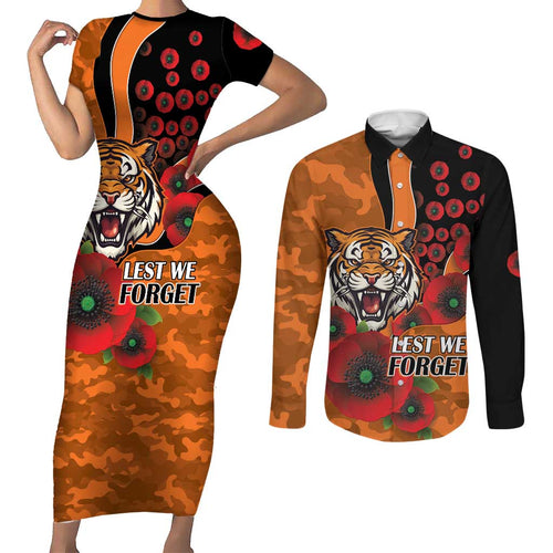 Wests Tigers ANZAC Personalised Couples Matching Short Sleeve Bodycon Dress and Long Sleeve Button Shirt Lest We Forget Poppy Camo