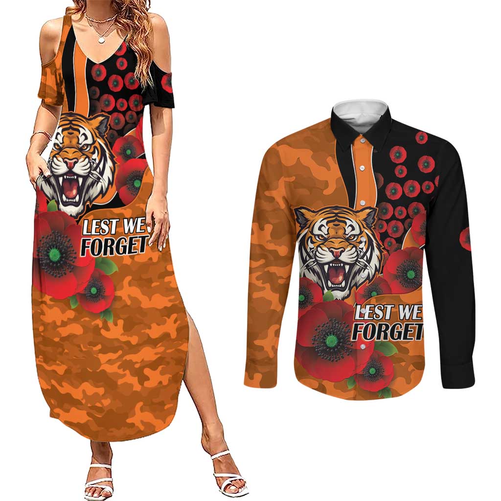 Wests Tigers ANZAC Personalised Couples Matching Summer Maxi Dress and Long Sleeve Button Shirt Lest We Forget Poppy Camo