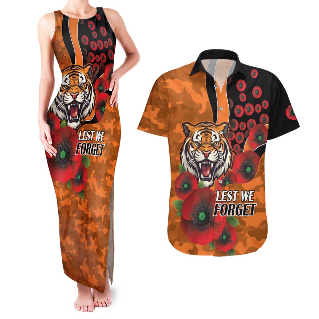 Wests Tigers ANZAC Personalised Couples Matching Tank Maxi Dress and Hawaiian Shirt Lest We Forget Poppy Camo