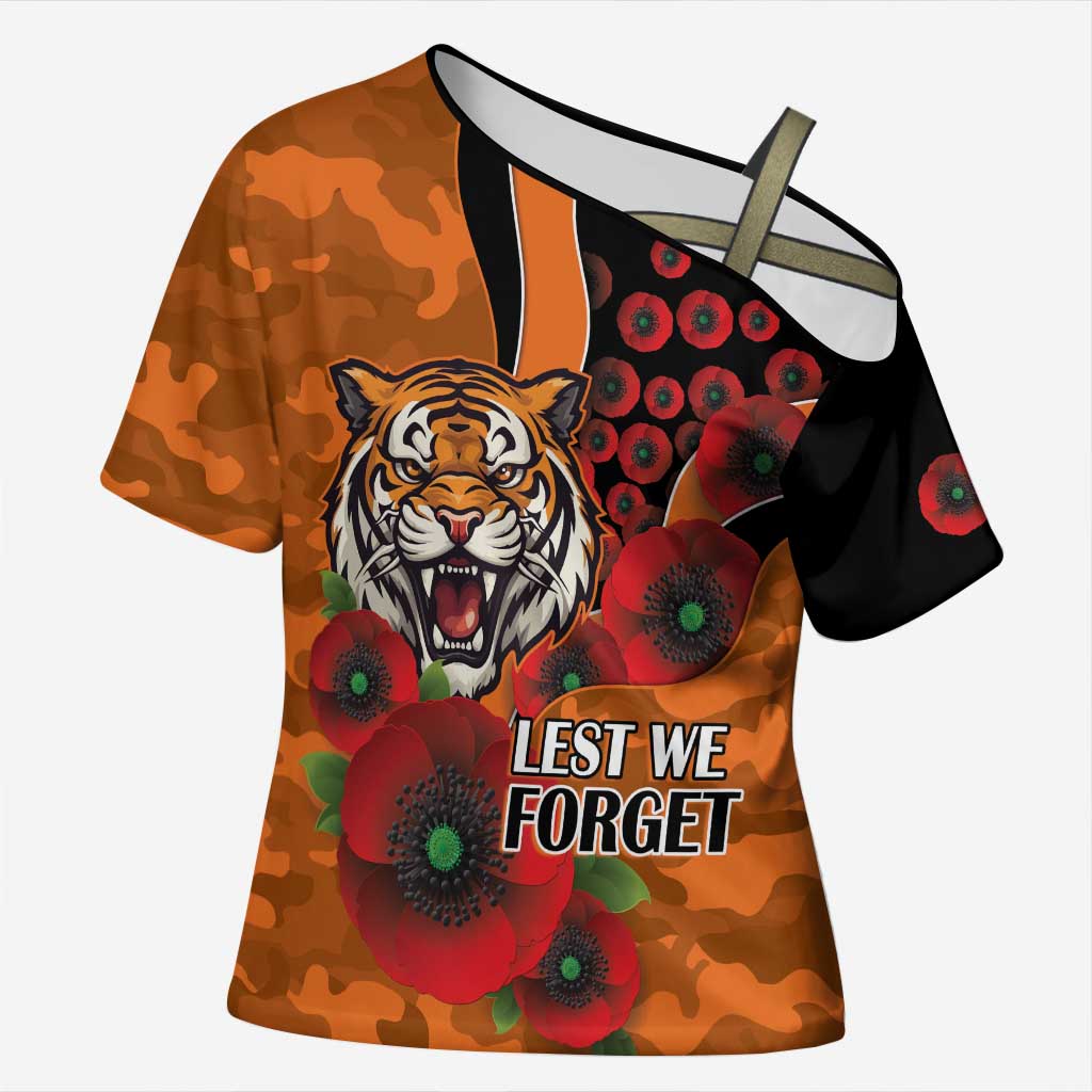 Wests Tigers ANZAC Personalised Cross Shoulder Shirt Lest We Forget Poppy Camo