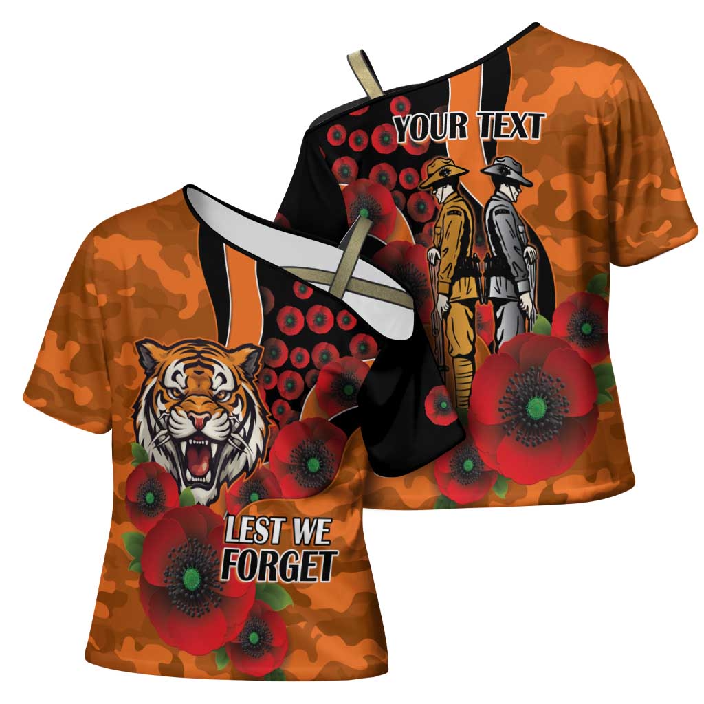 Wests Tigers ANZAC Personalised Cross Shoulder Shirt Lest We Forget Poppy Camo
