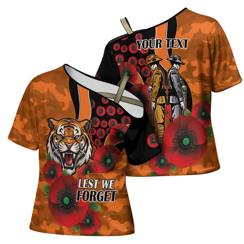 Wests Tigers ANZAC Personalised Cross Shoulder Shirt Lest We Forget Poppy Camo