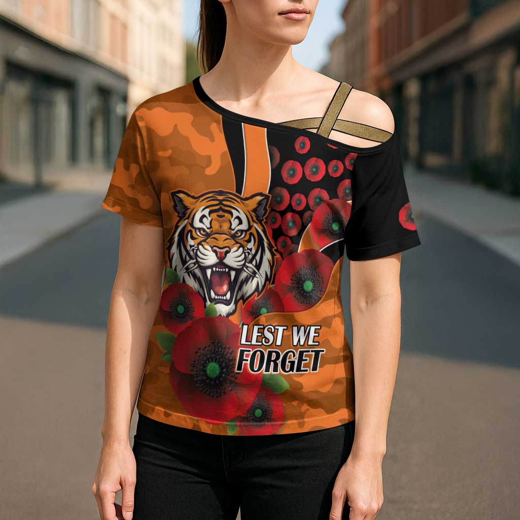 Wests Tigers ANZAC Personalised Cross Shoulder Shirt Lest We Forget Poppy Camo