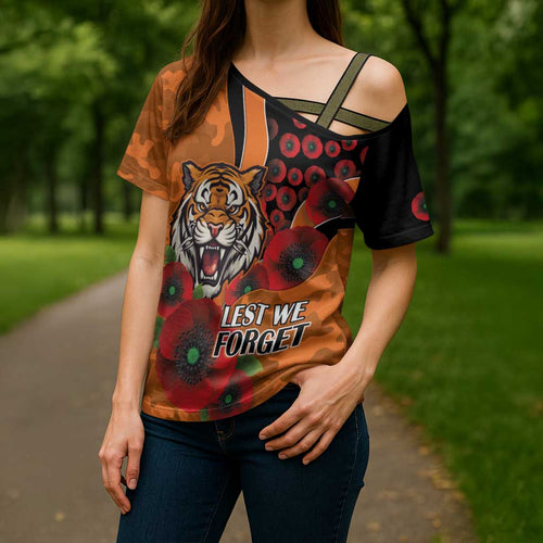 Wests Tigers ANZAC Personalised Cross Shoulder Shirt Lest We Forget Poppy Camo