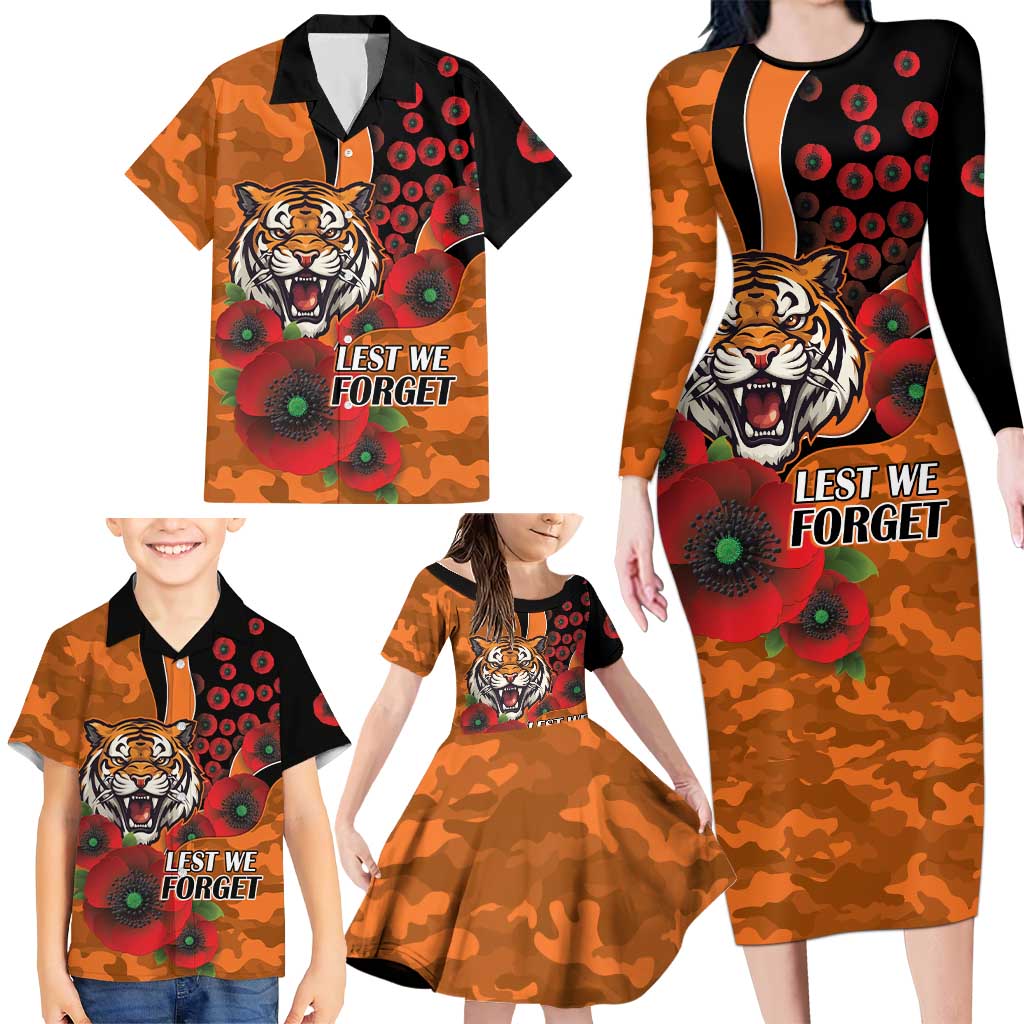 Wests Tigers ANZAC Personalised Family Matching Long Sleeve Bodycon Dress and Hawaiian Shirt Lest We Forget Poppy Camo