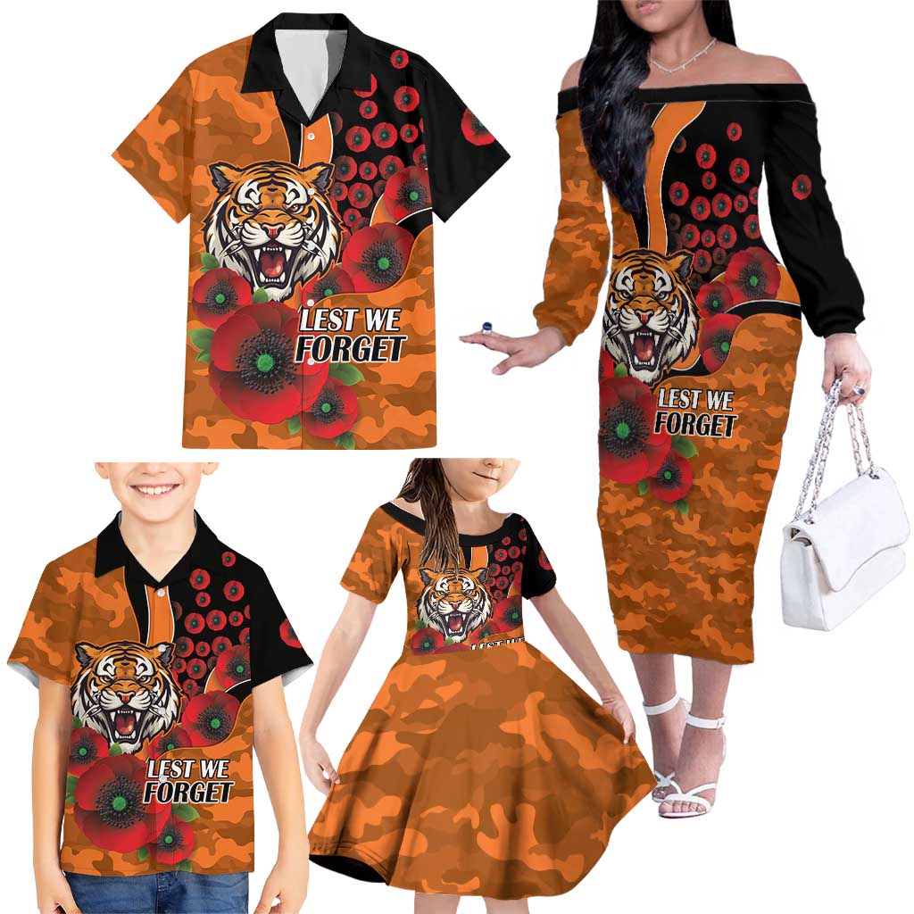 Wests Tigers ANZAC Personalised Family Matching Off The Shoulder Long Sleeve Dress and Hawaiian Shirt Lest We Forget Poppy Camo