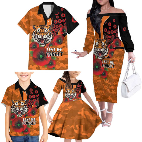 Wests Tigers ANZAC Personalised Family Matching Off The Shoulder Long Sleeve Dress and Hawaiian Shirt Lest We Forget Poppy Camo