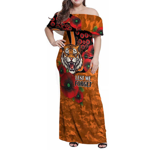 Wests Tigers ANZAC Personalised Family Matching Off Shoulder Maxi Dress and Hawaiian Shirt Lest We Forget Poppy Camo