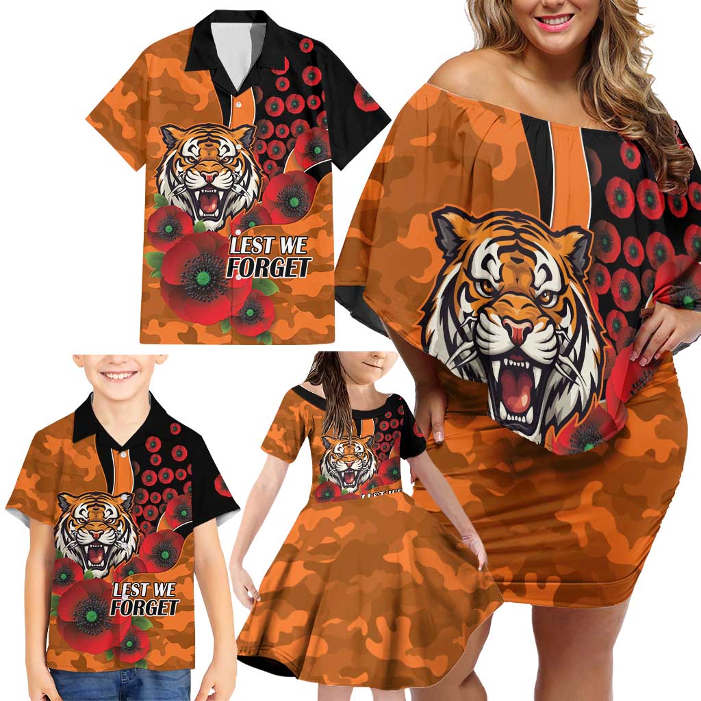 Wests Tigers ANZAC Personalised Family Matching Off Shoulder Short Dress and Hawaiian Shirt Lest We Forget Poppy Camo