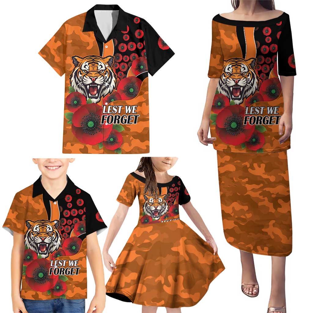 Wests Tigers ANZAC Personalised Family Matching Puletasi and Hawaiian Shirt Lest We Forget Poppy Camo