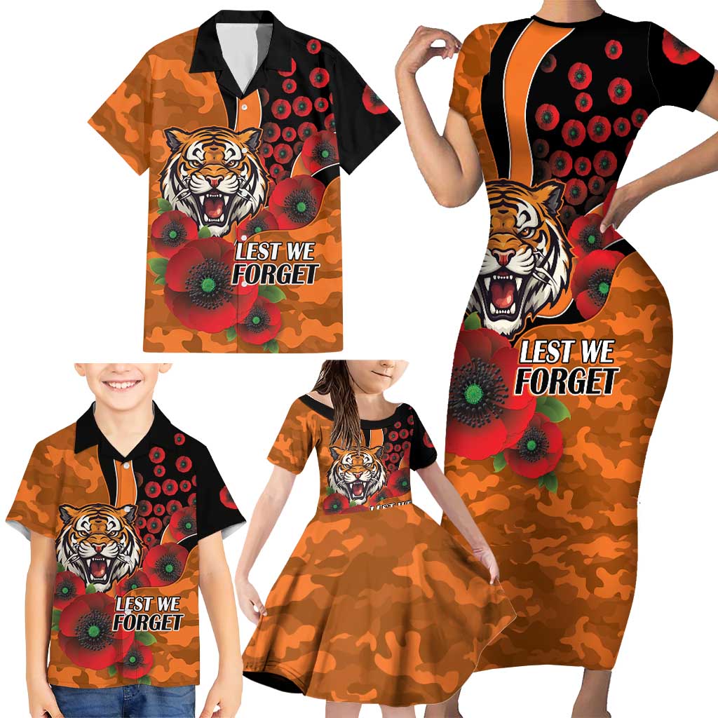 Wests Tigers ANZAC Personalised Family Matching Short Sleeve Bodycon Dress and Hawaiian Shirt Lest We Forget Poppy Camo