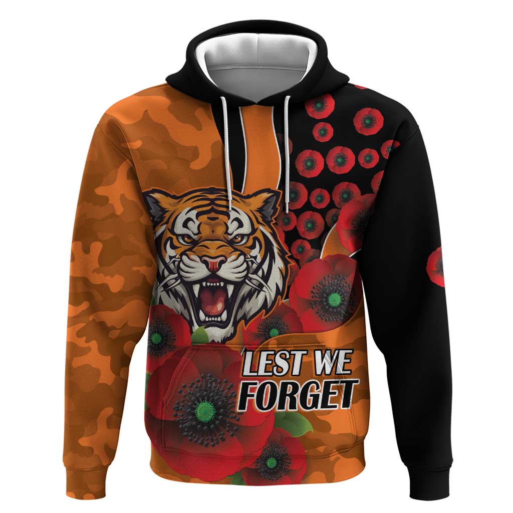 Wests Tigers ANZAC Personalised Hoodie Lest We Forget Poppy Camo
