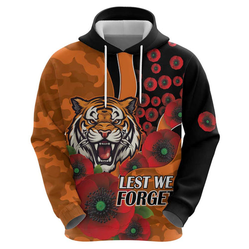 Wests Tigers ANZAC Personalised Hoodie Lest We Forget Poppy Camo
