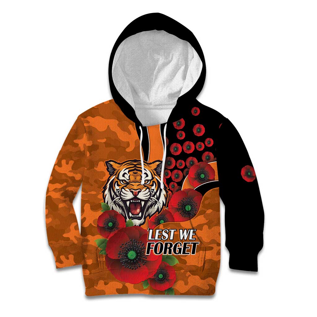 Wests Tigers ANZAC Personalised Kid Hoodie Lest We Forget Poppy Camo