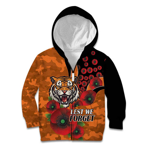 Wests Tigers ANZAC Personalised Kid Hoodie Lest We Forget Poppy Camo