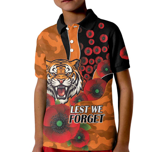 Wests Tigers ANZAC Personalised Kid Polo Shirt Lest We Forget Poppy Camo