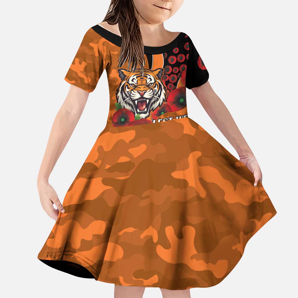 Wests Tigers ANZAC Personalised Kid Short Sleeve Dress Lest We Forget Poppy Camo