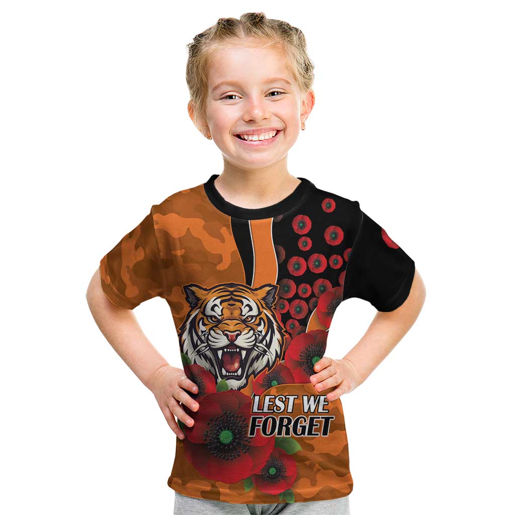 Wests Tigers ANZAC Personalised Kid T Shirt Lest We Forget Poppy Camo