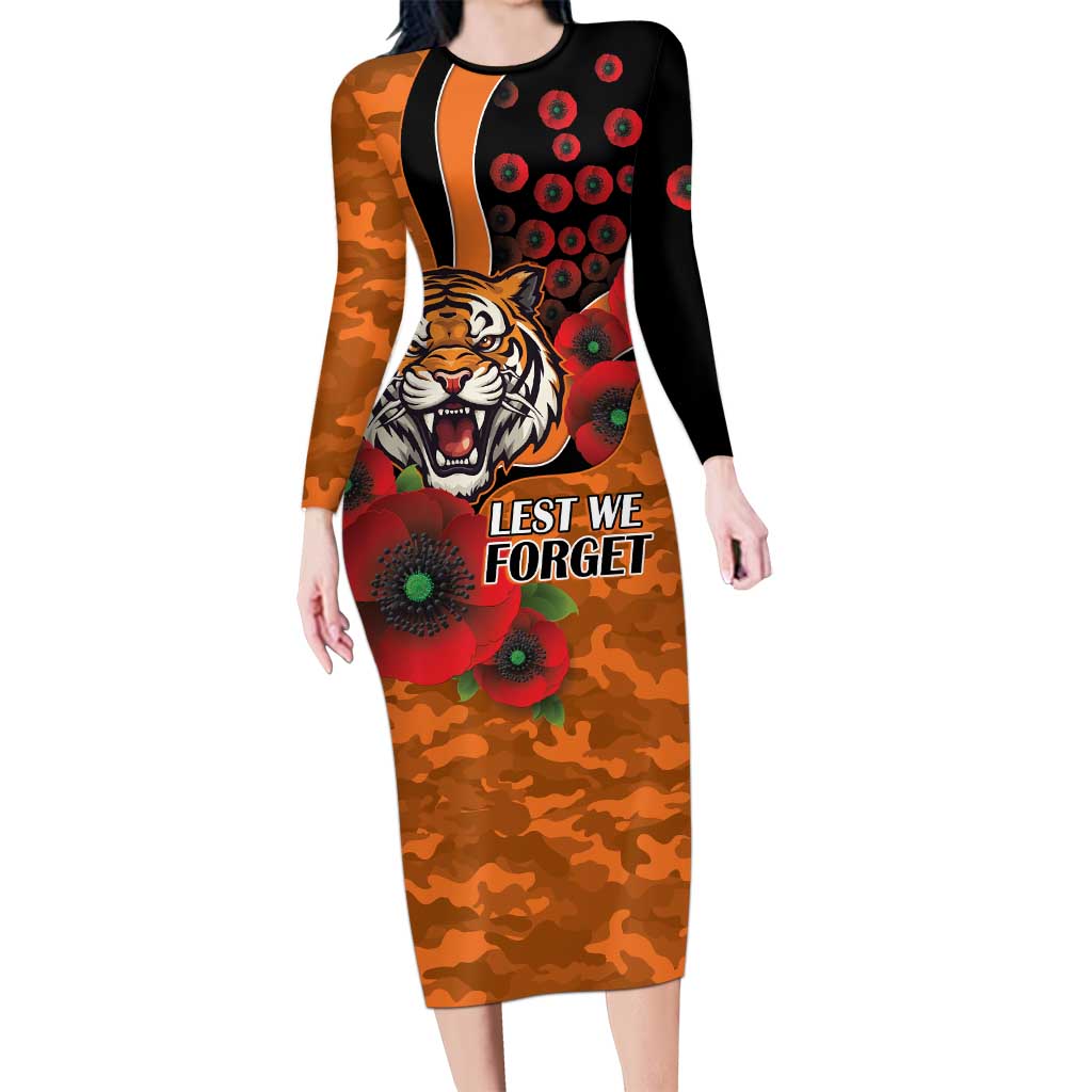 Wests Tigers ANZAC Personalised Long Sleeve Bodycon Dress Lest We Forget Poppy Camo