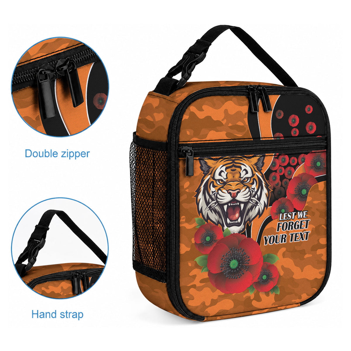 Wests Tigers ANZAC Personalised Lunch Bag Lest We Forget Poppy Camo