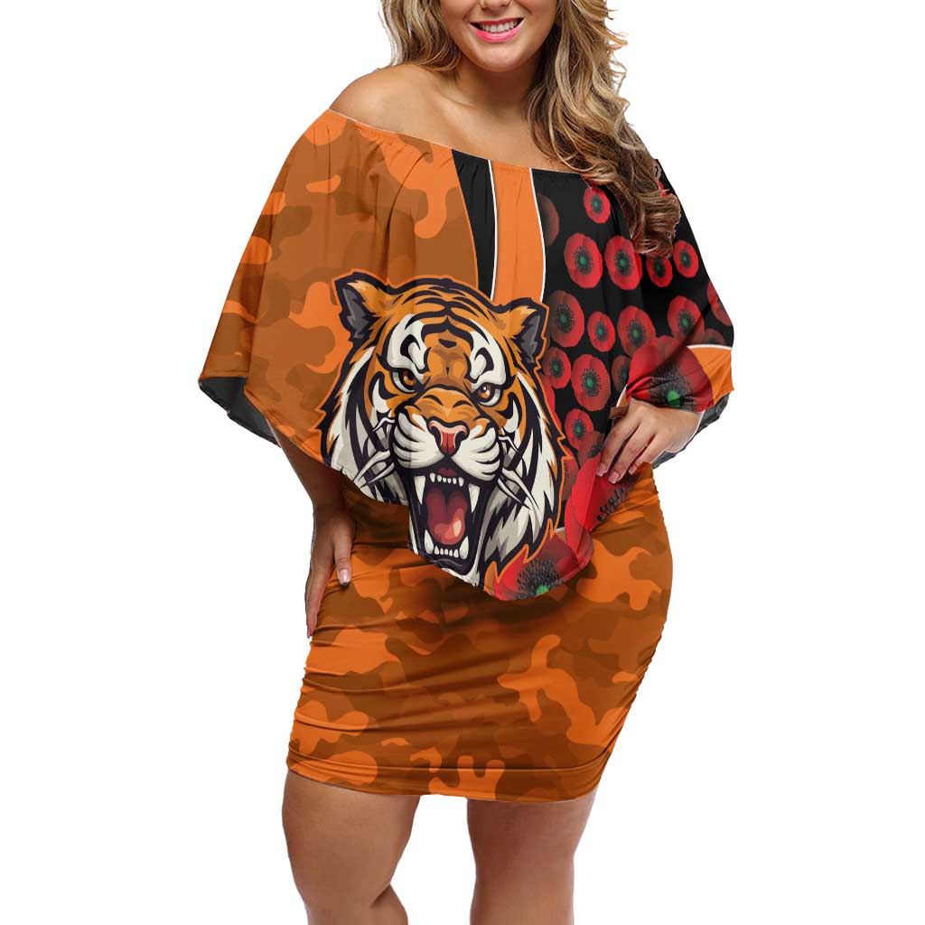 Wests Tigers ANZAC Personalised Off Shoulder Short Dress Lest We Forget Poppy Camo